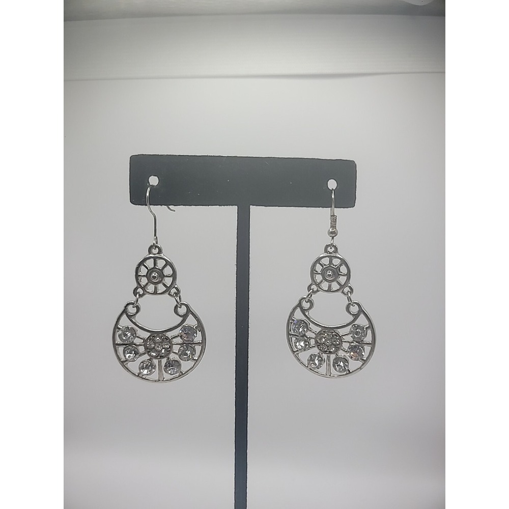 Vintage Silver Tone Pierced Earrings Hook Crystal Round Jewelry Costume